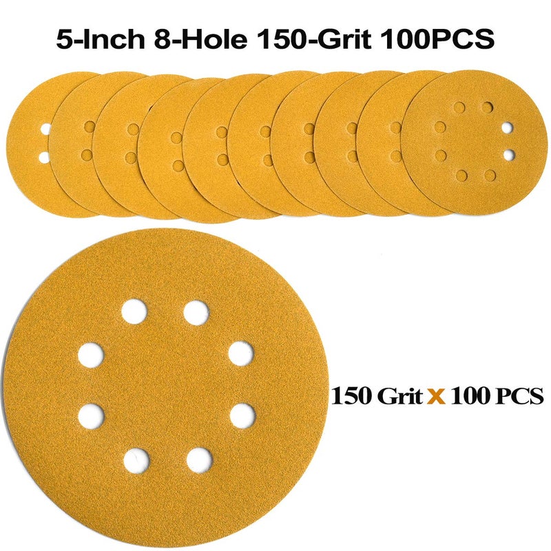 Aiyard 5-Inch 8-Hole Hook and Loop Sanding Discs 150-Grit Random Orbit Sandpaper, 100-Pack - Image 3